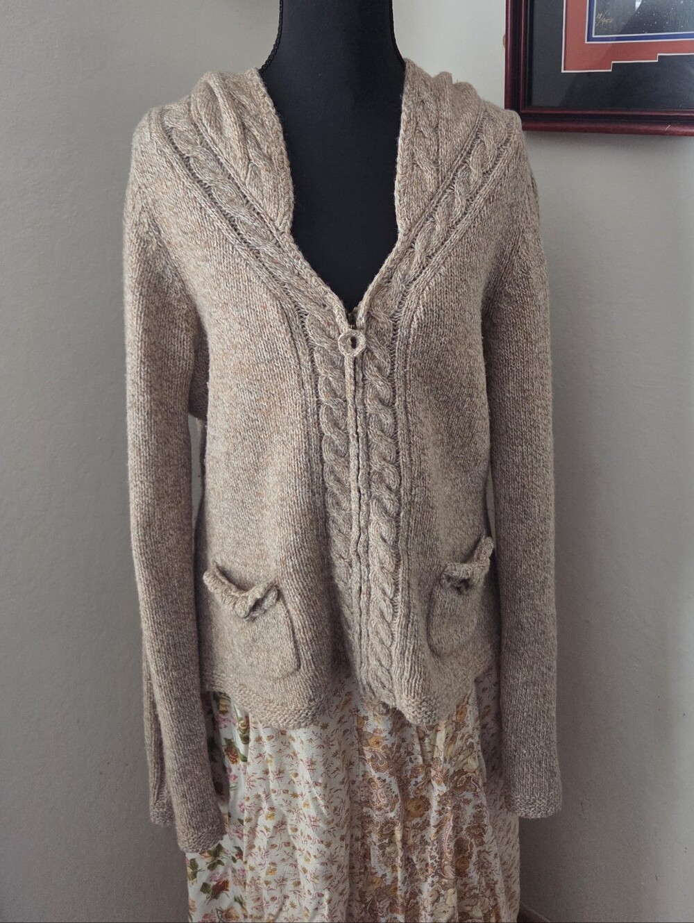 Sleeping On Snow Zip Up Cable-Knit Hooded Cardigan Boho Cottagecore Fall Wool Lg